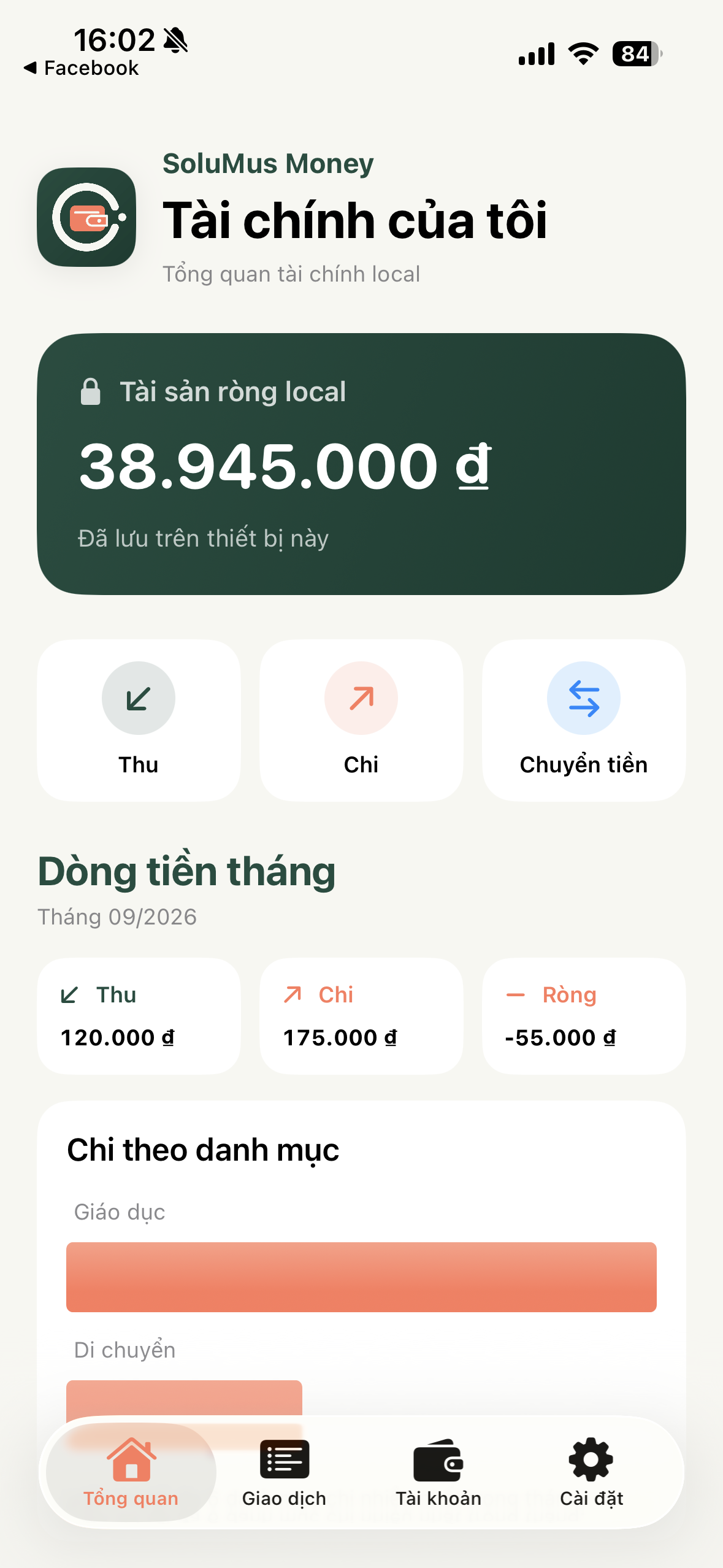 Màn hình tổng quan tài chính của SoluMus Money